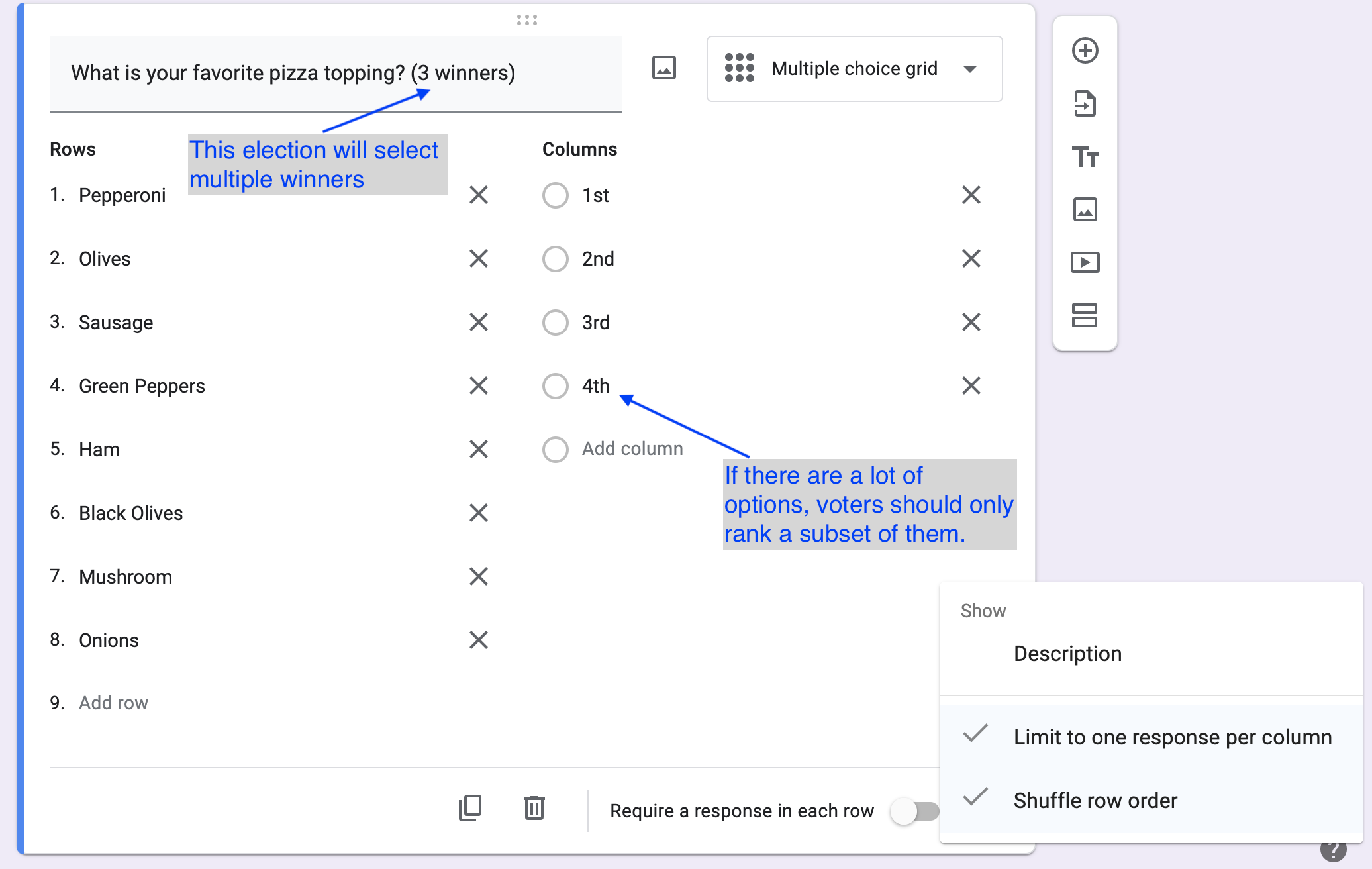 Example multi-winner Google Form question about favorite pizza toppings