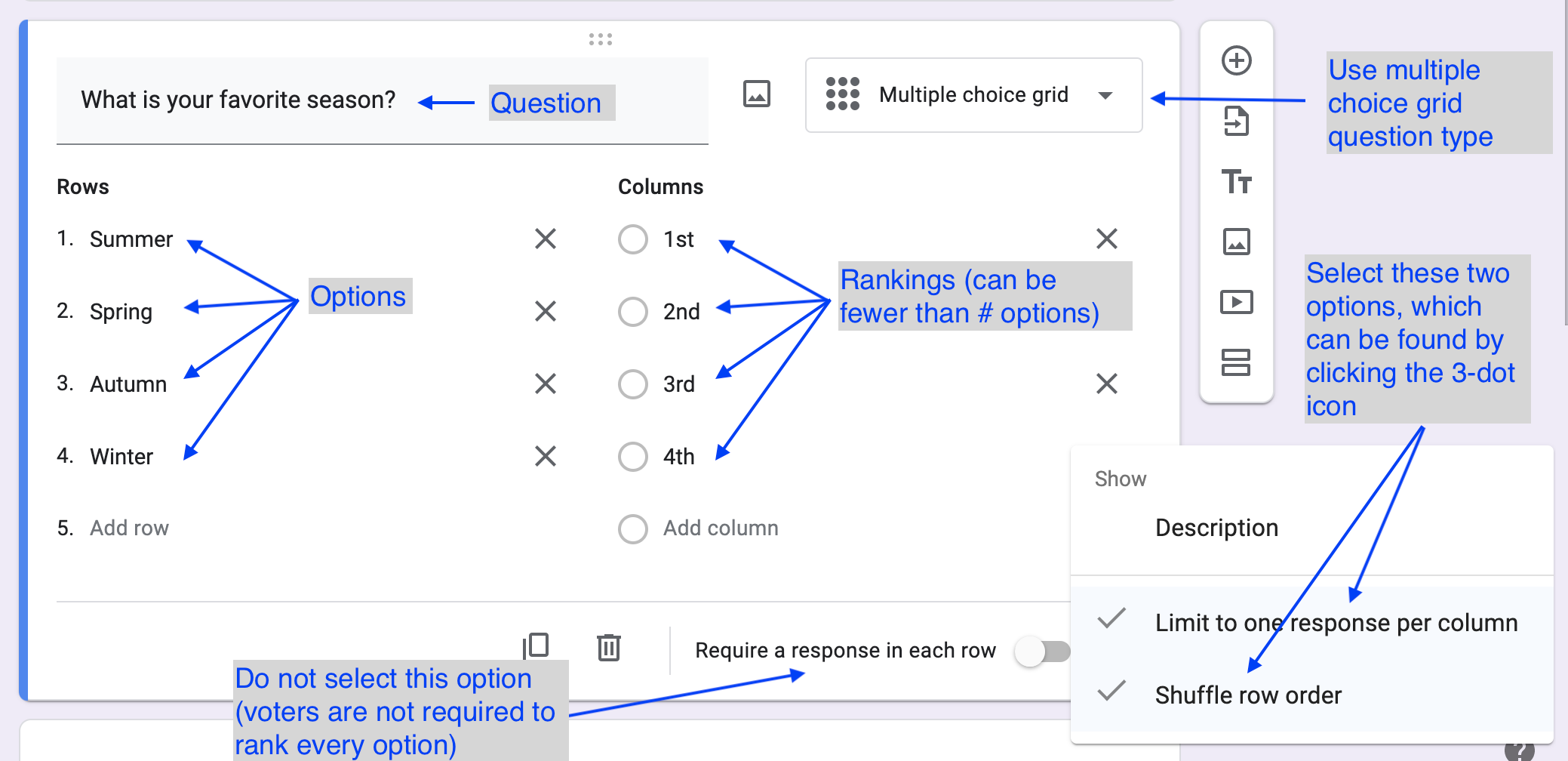 Example single-winner Google Form question about favorite season